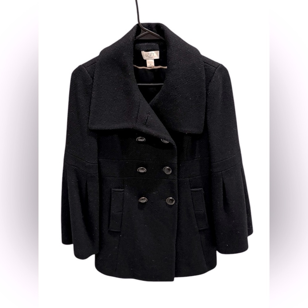 Loft Women Pea Black Coat Double Breasted 6 Buttons Wool Blend Size 2P